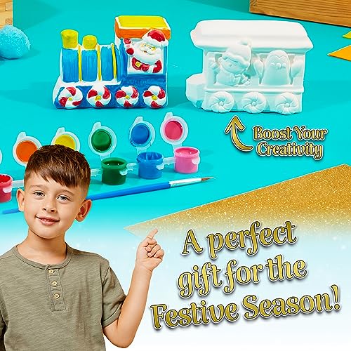 Kit Lavoretti Creativi Per Bambini - Set Pittura Bambini con Decorazioni Natalizie da Appendere in Gesso da Dipingere e Colori Acrilici - Giochi Natale Bambini - Babbo Natale Trenino Renna - immagine 5