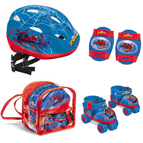 Mondo toys - pattini a rotelle regolabili Spider-Man Marvel per bambini - taglia dal 22 al 29 - set completo di borsa trasparente, gomitiere, ginocchiere e casco - 28629