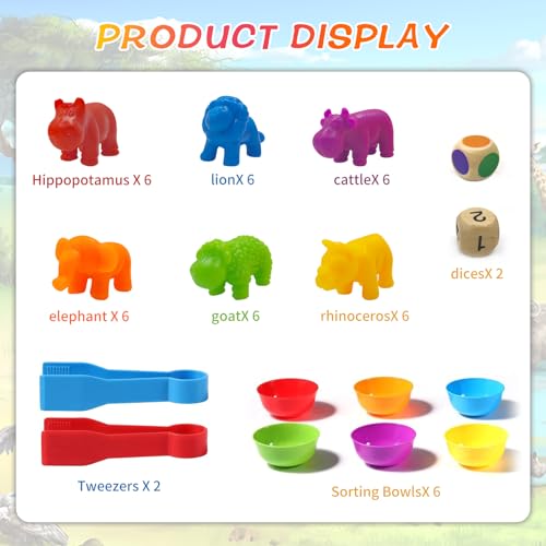 ZZQVIP Giochi Montessori 3 4 5 6 Anni, 36 Pezzi Giocattoli di Classificazione dei Colori degli Animali con Tazze, Clip e Dadi, Abilità Motorie Giocattolo per Bambini Regalo Ragazzo Ragazza 3-5 Anni - immagine 8