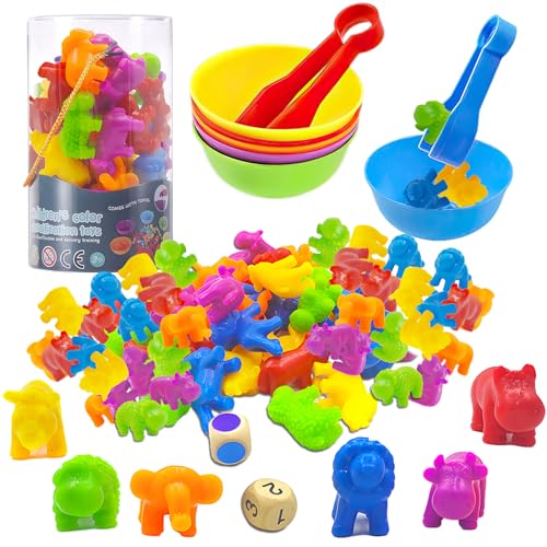 ZZQVIP Giochi Montessori 3 4 5 6 Anni, 36 Pezzi Giocattoli di Classificazione dei Colori degli Animali con Tazze, Clip e Dadi, Abilità Motorie Giocattolo per Bambini Regalo Ragazzo Ragazza 3-5 Anni