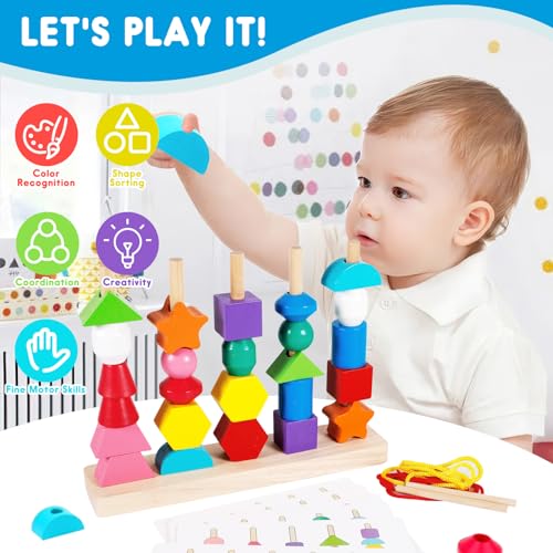 ZZQVIP Montessori Giochi Legno Bambini, 2-in-1 Bambino Forme Colori Geometriche Ordinamento Giocattolo, Impilabili Infilare Toys, Regalo per Ragazzi e Ragazze 3 4 5 6 Anni Educativo - immagine 5