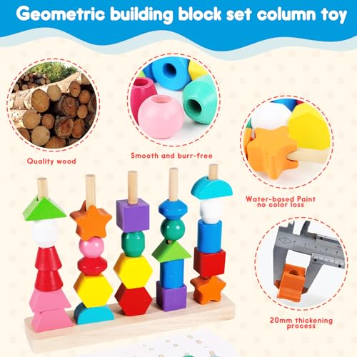 ZZQVIP Montessori Giochi Legno Bambini, 2-in-1 Bambino Forme Colori Geometriche Ordinamento Giocattolo, Impilabili Infilare Toys, Regalo per Ragazzi e Ragazze 3 4 5 6 Anni Educativo - immagine 6