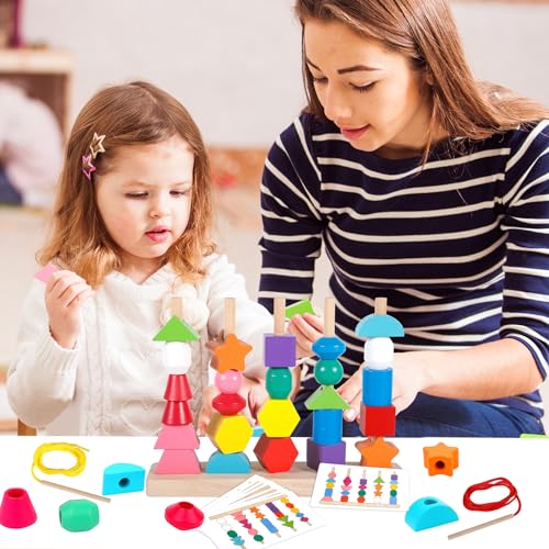 ZZQVIP Montessori Giochi Legno Bambini, 2-in-1 Bambino Forme Colori Geometriche Ordinamento Giocattolo, Impilabili Infilare Toys, Regalo per Ragazzi e Ragazze 3 4 5 6 Anni Educativo - immagine 8