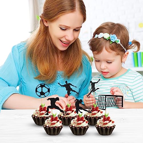 24 Pezzi Topper per Torta di Calcio, Topper Cupcake Calcio Neri Topper Cupcake a Tema Sportivo Bastoncini Torta Compleanno Decorazione per Forniture per Decorazioni di Compleanno per Feste - immagine 7