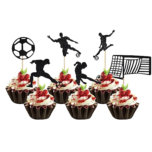 24 Pezzi Topper per Torta di Calcio, Topper Cupcake Calcio Neri Topper Cupcake a Tema Sportivo Bastoncini Torta Compleanno Decorazione per Forniture per Decorazioni di Compleanno per Feste