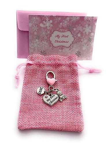 Baby Girl Baby' s first Christmas 2017 Keepsake ciondoli portachiavi con sacchetto regalo di velluto rosa prodotto da Libby' s Market Place ~ dal venditore UK