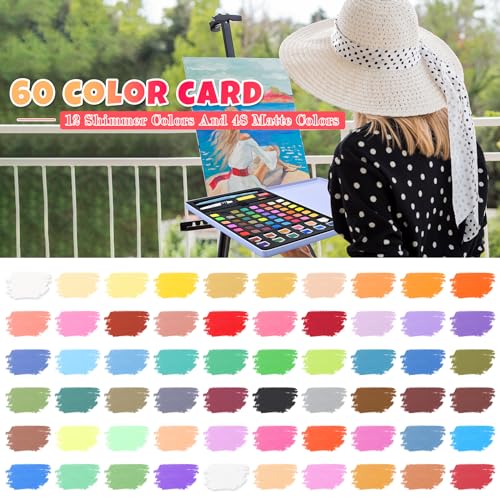 Damcyer Acquerelli Professionali Set, Set di 60 colori acquerelli con, Inclusi colori di base e colori perlescenti, Set di Colori ad Acquerello Set per principianti e professionisti dell'acquerello - immagine 3