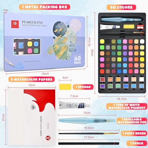 Damcyer Acquerelli Professionali Set, Set di 60 colori acquerelli con, Inclusi colori di base e colori perlescenti, Set di Colori ad Acquerello Set per principianti e professionisti dell'acquerello - immagine 6