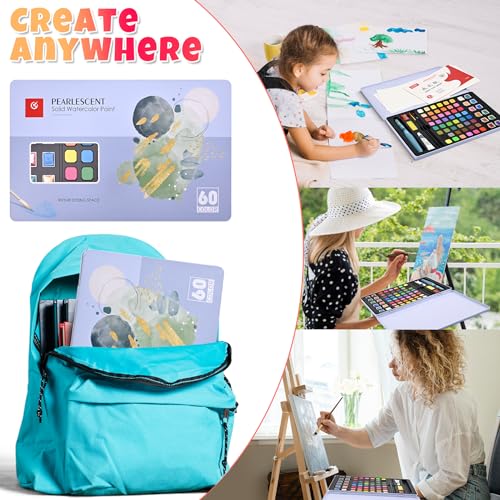 Damcyer Acquerelli Professionali Set, Set di 60 colori acquerelli con, Inclusi colori di base e colori perlescenti, Set di Colori ad Acquerello Set per principianti e professionisti dell'acquerello - immagine 7