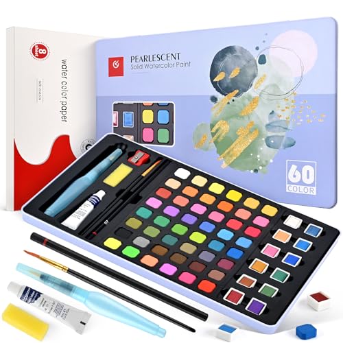 Damcyer Acquerelli Professionali Set, Set di 60 colori acquerelli con, Inclusi colori di base e colori perlescenti, Set di Colori ad Acquerello Set per principianti e professionisti dell'acquerello