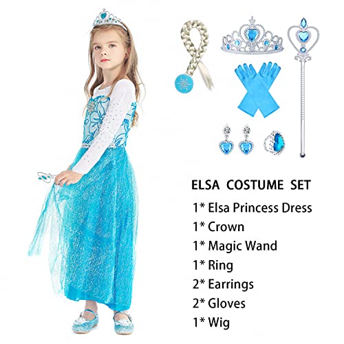 Gridamea Vestito Elsa Frozen Bambina-Costume Anna Ghiaccio Abito da Principessa con Corona/Bacchetta/Guanti/Treccia/Orecchini/Anello per Bambini Compleanno, Halloween, Feste, Cosplay - immagine 11