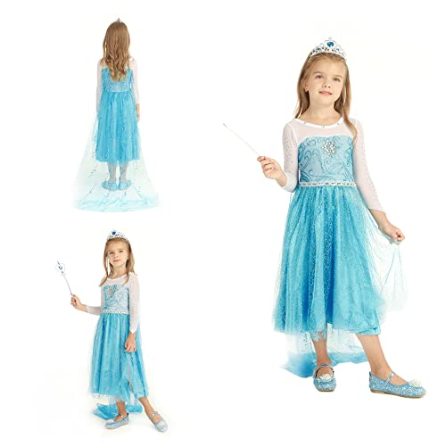 Gridamea Vestito Elsa Frozen Bambina-Costume Anna Ghiaccio Abito da Principessa con Corona/Bacchetta/Guanti/Treccia/Orecchini/Anello per Bambini Compleanno, Halloween, Feste, Cosplay - immagine 12
