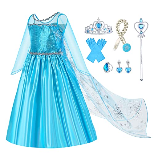 Gridamea Vestito Elsa Frozen Bambina-Costume Anna Ghiaccio Abito da Principessa con Corona/Bacchetta/Guanti/Treccia/Orecchini/Anello per Bambini Compleanno, Halloween, Feste, Cosplay - immagine 18