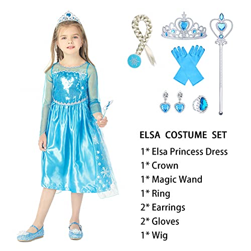 Gridamea Vestito Elsa Frozen Bambina-Costume Anna Ghiaccio Abito da Principessa con Corona/Bacchetta/Guanti/Treccia/Orecchini/Anello per Bambini Compleanno, Halloween, Feste, Cosplay - immagine 19