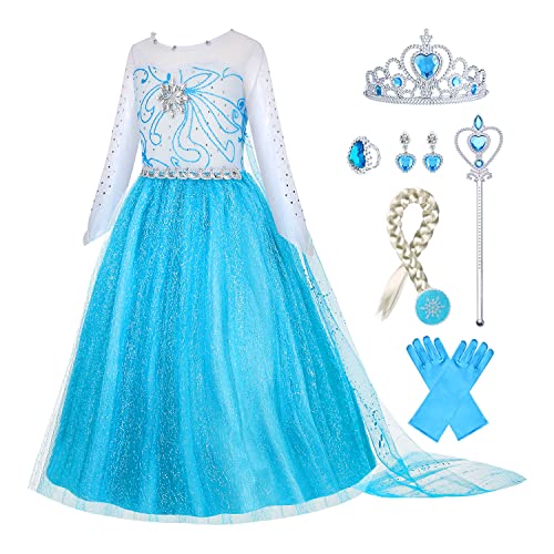Gridamea Vestito Elsa Frozen Bambina-Costume Anna Ghiaccio Abito da Principessa con Corona/Bacchetta/Guanti/Treccia/Orecchini/Anello per Bambini Compleanno, Halloween, Feste, Cosplay - immagine 10