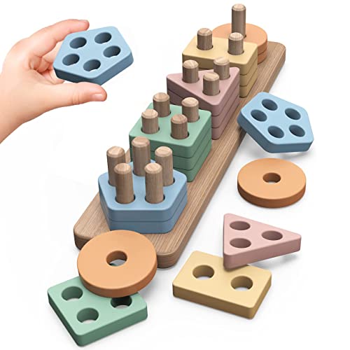 Joozmui Puzzle in Legno Montessori 1 2 3 Anni, attività in Legno Colorato e Giochi per Lo Sviluppo, Giocattoli Montessori per Bambini di 1 Anno