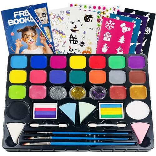 Ucokee Trucchi Viso Bambini Kit, 20 Colori Pittura Corpo Face Painting Tavolozza Con 3 Pennelli, Halloween, Pasqua, Carnevale, Cosplay Set Trucco per BambiniUcokee.