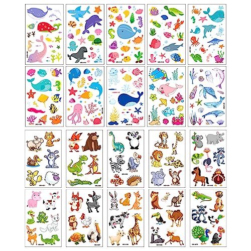 20 Fogli Tatuaggi per Bambini, Simpatici Tatuaggi Animali Marini per Bambini Ragazzi Ragazze Tatuaggio Temporaneo Animali Colorato per Bambini Feste di Compleanno (Stili Assortiti)