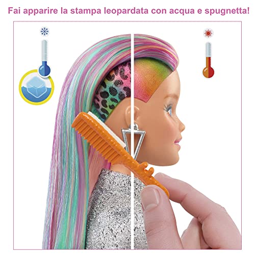 Barbie Leopard Rainbow Hair Doll (Blonde) Color-Change Hair Feature, 16 Hair & Fashion Accessories Brush, Fashion Tops, Cat Ears& More for Kids 3-7 Years - GRN81 - immagine 4