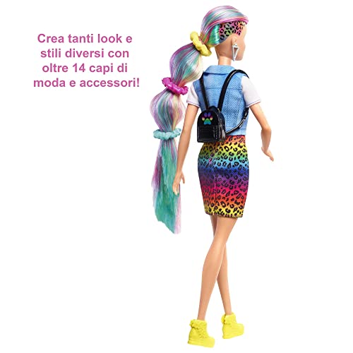 Barbie Leopard Rainbow Hair Doll (Blonde) Color-Change Hair Feature, 16 Hair & Fashion Accessories Brush, Fashion Tops, Cat Ears& More for Kids 3-7 Years - GRN81 - immagine 5