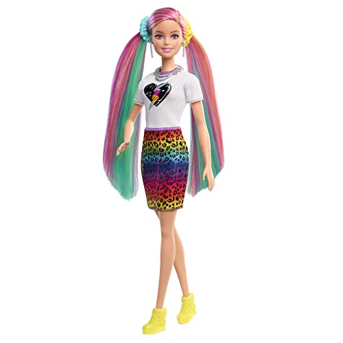 Barbie Leopard Rainbow Hair Doll (Blonde) Color-Change Hair Feature, 16 Hair & Fashion Accessories Brush, Fashion Tops, Cat Ears& More for Kids 3-7 Years - GRN81 - immagine 6
