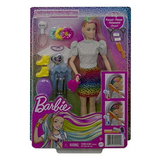 Barbie Leopard Rainbow Hair Doll (Blonde) Color-Change Hair Feature, 16 Hair & Fashion Accessories Brush, Fashion Tops, Cat Ears& More for Kids 3-7 Years - GRN81 - immagine 7