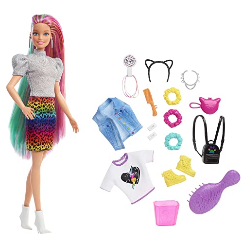 Barbie Leopard Rainbow Hair Doll (Blonde) Color-Change Hair Feature, 16 Hair & Fashion Accessories Brush, Fashion Tops, Cat Ears& More for Kids 3-7 Years - GRN81