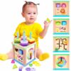 Cubo di Abilità Motorie in Legno 6 in 1,Giocattolo per abilità motorie con 4 Set di colonne, Riconoscimento del Tempo,Riconoscimento dell'Oceano e Abbinamento di Forme,Giochi Regalo Bambini 1 2 3