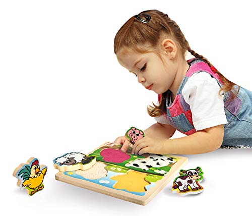 Eichhorn- Fühl-Puzzle mit Stoff Animali della Fattoria con Te x ciottoli in Legno, 5 Pezzi, 20 x 20 cm, per Bambini a Partire da Un Anno, Multicolore, 4003046004205 - immagine 3