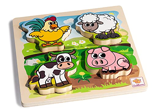 Eichhorn- Fühl-Puzzle mit Stoff Animali della Fattoria con Te x ciottoli in Legno, 5 Pezzi, 20 x 20 cm, per Bambini a Partire da Un Anno, Multicolore, 4003046004205 - immagine 5