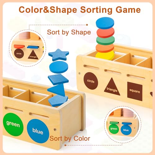 JUSTWOOD Montessori - Giocattoli in legno per bambini dai 3 ai 6 anni, classificatori di forma e colore, giocattoli in legno impilabili, inclusi blocchi geometrici e contatori matematici - immagine 3