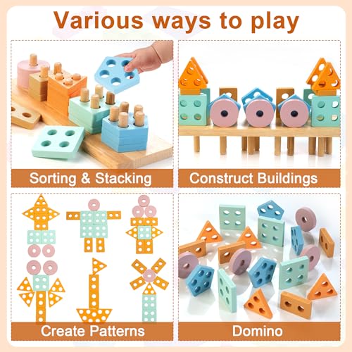 JUSTWOOD Montessori - Giocattoli in legno per bambini dai 3 ai 6 anni, classificatori di forma e colore, giocattoli in legno impilabili, inclusi blocchi geometrici e contatori matematici - immagine 5