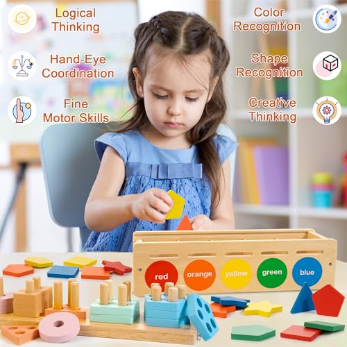 JUSTWOOD Montessori - Giocattoli in legno per bambini dai 3 ai 6 anni, classificatori di forma e colore, giocattoli in legno impilabili, inclusi blocchi geometrici e contatori matematici - immagine 6