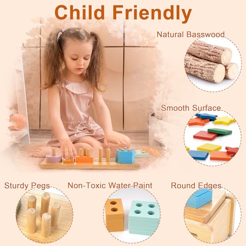 JUSTWOOD Montessori - Giocattoli in legno per bambini dai 3 ai 6 anni, classificatori di forma e colore, giocattoli in legno impilabili, inclusi blocchi geometrici e contatori matematici - immagine 7