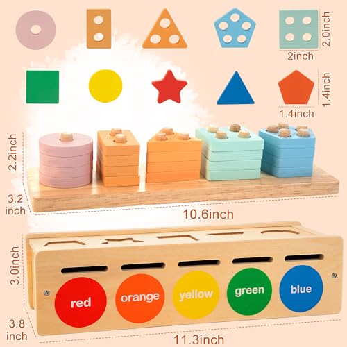 JUSTWOOD Montessori - Giocattoli in legno per bambini dai 3 ai 6 anni, classificatori di forma e colore, giocattoli in legno impilabili, inclusi blocchi geometrici e contatori matematici - immagine 8
