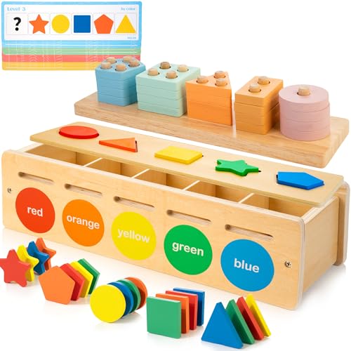 JUSTWOOD Montessori - Giocattoli in legno per bambini dai 3 ai 6 anni, classificatori di forma e colore, giocattoli in legno impilabili, inclusi blocchi geometrici e contatori matematici