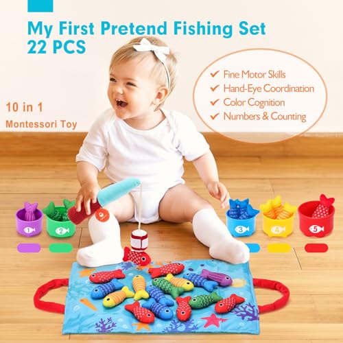 hahaland Giochi Montessori 1 Anno - Gioco Pesca Colorato Bambino, con 15 Pesci Morbidi, Giocattoli Educativo per 12-18 Mesi, Regali per Bambini 1 2 Anni - immagine 3