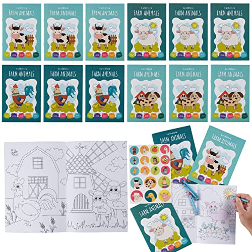 12 Mini Libri da Colorare per Bambini, Formato A5 - Divertenti Disegni Assortiti (16) con Pennarelli (4) e Adesivi Inclusi – Regalini Fine Festa Fai da Te per Bimbi e Bimbe da 4 a 8 Anni