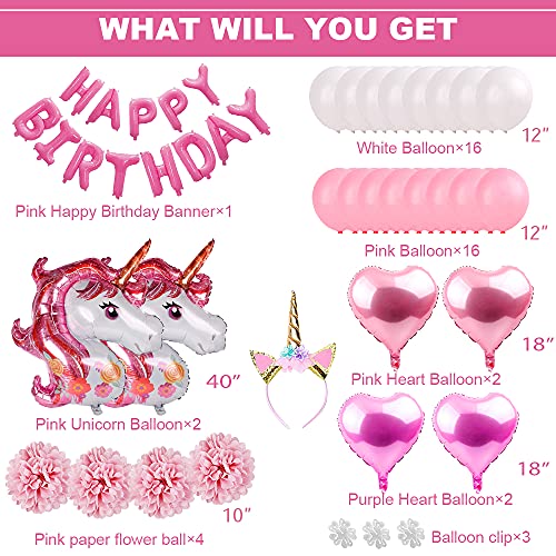 Decorazioni Compleanno Unicorno Bambina,Decorazioni Feste Rosa Ragazza con Unicorno Palloncino Bianco Rosa,Pom Carta,Happy Birthday Banner per Ragazze Decorazioni Feste di Compleanno - immagine 3