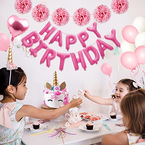 Decorazioni Compleanno Unicorno Bambina,Decorazioni Feste Rosa Ragazza con Unicorno Palloncino Bianco Rosa,Pom Carta,Happy Birthday Banner per Ragazze Decorazioni Feste di Compleanno - immagine 7