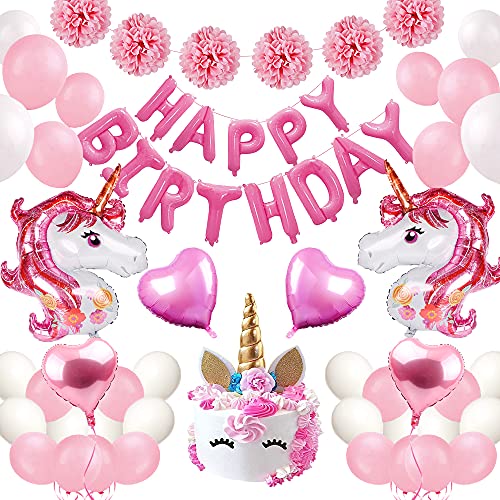 Decorazioni Compleanno Unicorno Bambina,Decorazioni Feste Rosa Ragazza con Unicorno Palloncino Bianco Rosa,Pom Carta,Happy Birthday Banner per Ragazze Decorazioni Feste di Compleanno