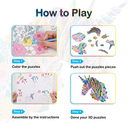 Hautton Set di Puzzle 3D da Colorare, Colorare Arte Creativa Pittura Divertente Set di Artigianato per la Famiglia Attività, Regali di Natale e Capodanno per Bambini sopra i 5 Anni -Unicorno - immagine 3