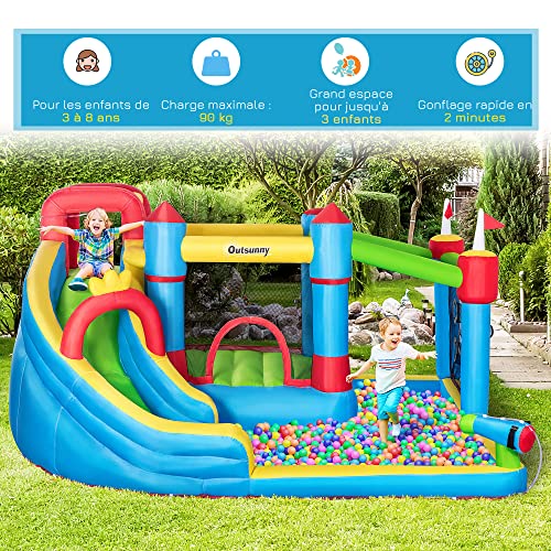Outsunny Castello Gonfiabile Struttura Gonfiabile Parco Giochi con Pistola Acqua Scivolo Trampolino Piscine + 3-8 Anni con Gonfiatore e Borsa da Trasporto 390 x 300 x 197 cm, Multicolore - immagine 5