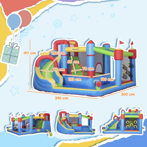 Outsunny Castello Gonfiabile Struttura Gonfiabile Parco Giochi con Pistola Acqua Scivolo Trampolino Piscine + 3-8 Anni con Gonfiatore e Borsa da Trasporto 390 x 300 x 197 cm, Multicolore - immagine 6