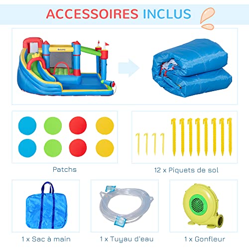 Outsunny Castello Gonfiabile Struttura Gonfiabile Parco Giochi con Pistola Acqua Scivolo Trampolino Piscine + 3-8 Anni con Gonfiatore e Borsa da Trasporto 390 x 300 x 197 cm, Multicolore - immagine 9