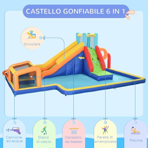 Outsunny Castello Gonfiabile per Bambini 3-8 Anni con Scivolo, Parete da Arrampicata, Porta da Calcio e Canestro, Gioco Gonfiabile in Tessuto Oxford, 590x460x220 cm, Multicolore - immagine 4