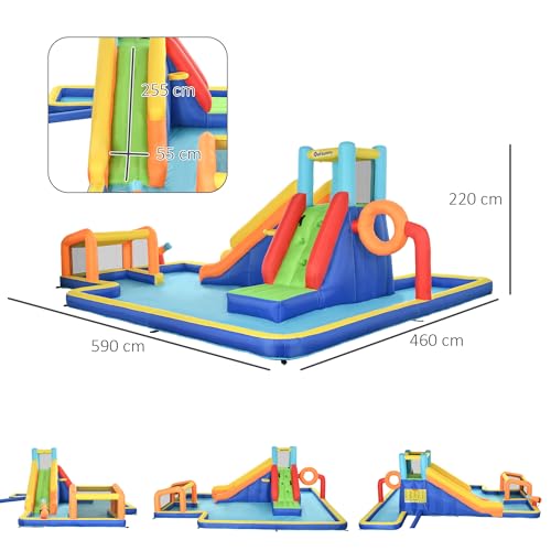 Outsunny Castello Gonfiabile per Bambini 3-8 Anni con Scivolo, Parete da Arrampicata, Porta da Calcio e Canestro, Gioco Gonfiabile in Tessuto Oxford, 590x460x220 cm, Multicolore - immagine 6