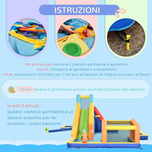Outsunny Castello Gonfiabile per Bambini 3-8 Anni con Scivolo, Parete da Arrampicata, Porta da Calcio e Canestro, Gioco Gonfiabile in Tessuto Oxford, 590x460x220 cm, Multicolore - immagine 8