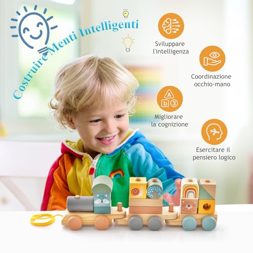 GYMAX Set di Trenino Giocattolo in Legno Impilabile, Trenino con 2 Vagoni, Locomotiva Scorrevole, 4 Adorabili Animali e 10 Blocchi Colorati, Giocattolo Educativo per Bambini 3+ Anni - immagine 3