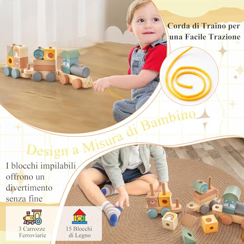 GYMAX Set di Trenino Giocattolo in Legno Impilabile, Trenino con 2 Vagoni, Locomotiva Scorrevole, 4 Adorabili Animali e 10 Blocchi Colorati, Giocattolo Educativo per Bambini 3+ Anni - immagine 5